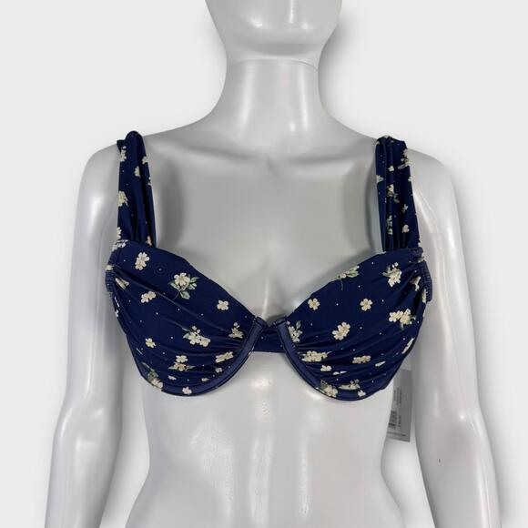 WeWoreWhat Ruched Claudia Bikini Top Navy Polka Dot Floral Women’s Size XS New